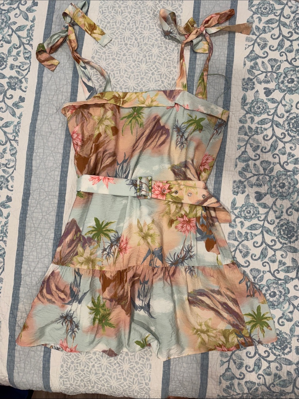 Able Girls Tropical Tie-Shoulder Mini Dress in Pastel Blue, Pink & Green